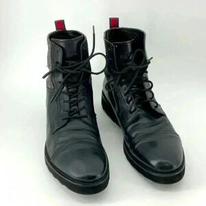 Ben Sherman Black Leather Lace-Up Ankle Boots with Red Pull Tabs